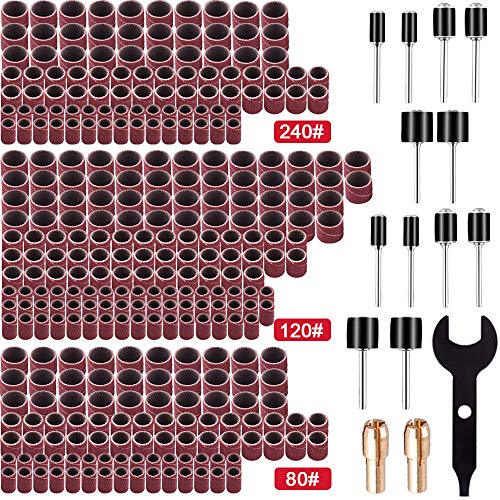 SIQUK 345 Stück Schleifhülsen Set mit 330 Stück Schleifhülsen, 12 Stück Schleifwalze, 2 Stück Bohren Sie Chuck und 1 Schraubenschlüssel für Dremel Elektrowerkzeuge von SIQUK