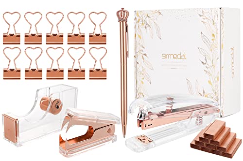 SIRMEDAL Rosegold Niedliches Schreibtisch-Zubehör-Set, Heftgerät, Klebebandspender, Klammerentferner, Kugelschreiber, 10 Binder-Clips und 1000 Heftklammern von SIRMEDAL