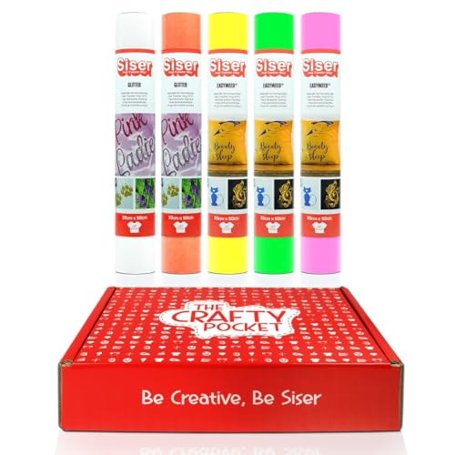 Siser Crafty Pocket Fluo - Thermotransfer-Vinyl zur Personalisierung von Stoffen, für alle Schneideplotter geeignet - Kit enthält 5 Rollen 30 x 50 cm in fluoreszierenden Farben Siser Crafty Pocket Fluo - Thermotransfer-Vinyl zur Personalisierung von Stoffen, für alle Schneideplotter geeignet - Kit enthält 5 Rollen 30 x 50 cm in fluoreszierenden Farben von SISER