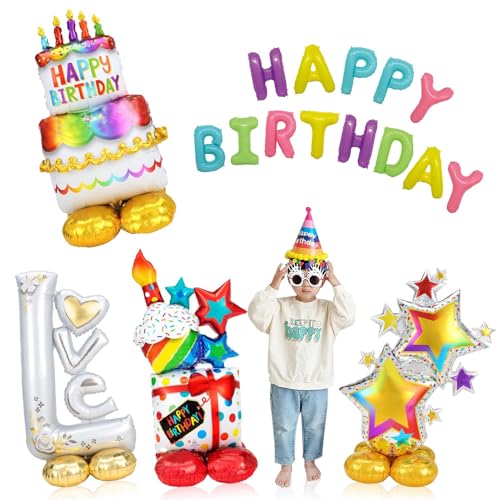 SITAKEGS Alles Gute zum Geburtstag Luftballons, 4PCS Stehendes Happy Birthday Folienballon Banner Set, 43inch Gedruckte Chrom Bunte Luftballons für Mädchen Jungen Geburtstagsdekorationen von SITAKEGS