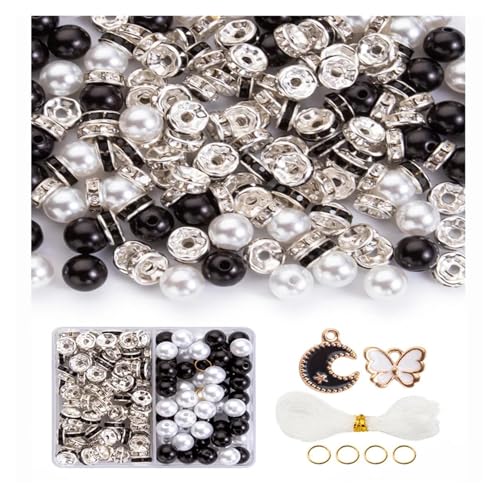 Kit zur Schmuckherstellung 180 Teile/schachtel Strass Spacer Lose Perlen for Armband Herstellung Kit for Schmuck Machen DIY Zubehör schmuckherstellung Set(Black and White) von SIXUOO