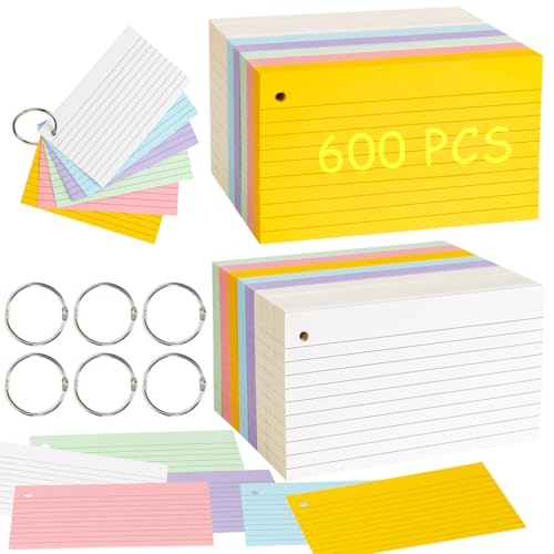 600 Stück Karteikarten A6,Bunte Papier Karten Memory Karten Blanko Visitenkarten Papier Blanko Lernkarten Spielkarte Wortkarte Vokabelkarte karteikarten klein Flashcards mit 6 Binderingen für Büro Hau von SIYOMG