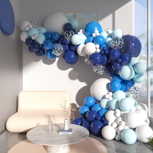 Luftballon Girlande Blau Weiß 124 Stück, Ballon Girlande Navy Blau Dunkelbalu Hellblau Weiß Latex Ballons Konfetti Luftballons für Junge Mann Geburtstag Babyparty Hochzeit Abschluss Dekoration von SJFEEVOR