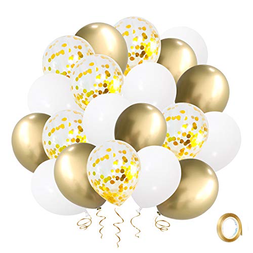 Luftballons Gold Weiß 50 Stück, Goldene Luftballons Weisse Latex Ballons Gold Metallic Ballons Konfetti Luftballons mit Gold Band für Geburtstag Hochzeit Abschluss Baby Shower Party Dekoration von SJFEEVOR