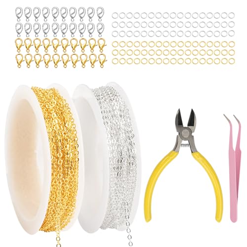 SJHJYIO 2 Rollen 5M Gliederkette Meterware, Kettenband Mit 40 Karabinerverschluss, 100 Biegeringe, Ausstechern, Pinzette, Kette Meterware, Kette Basteln Für Diy Halskette Basteln, Gold, Silber von SJHJYIO