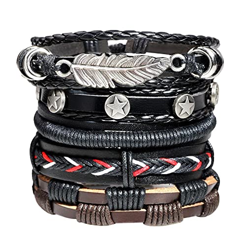 Männer Armband Leder Armreif Armbänder, Handschmuck, Armbänder, 4 Stück geflochtene Lederarmbänder für Männer und Frauen, Manschettenwickel mit Holzperlen, süßer Schmuck, Armbandset aus Holz, ethnisc von SJKJNK