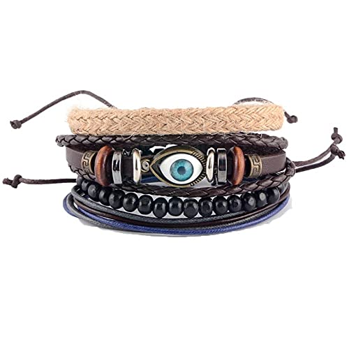 SJKJNK Herren Armband Armband-Set, Perlenarmbänder für Frauen, Armband für Frauen, 4-teiliges geflochtenes Lederarmband, Holzperlen, ethnische Tribal-Armbänder von SJKJNK