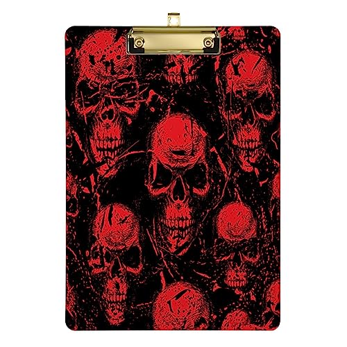 Red Skulls Klemmbretter, Kunststoff, A4, Buchstabengröße, Klemmbrett, Acryl, 31,8 x 22,9 cm, mit flachem Clip, für Krankenschwestern, Studenten, Büro, silberfarbener Clip von SJOAOAA