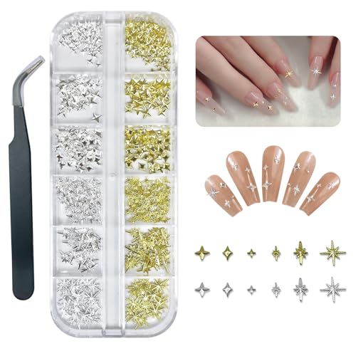 SJUIEO 240 Stück Gold- und Silbersterne Dekoration Nailart Zubehör DIY Nailart 3D Stereoskopische Dekoration Nailart Dekorative Nailart Aufkleber Mädchen Nailart Dekoration (Mit Pinzette) von SJUIEO