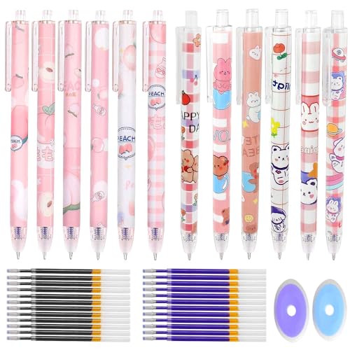 SJUNJIE 38PCS radierbare Gelstifte, 12 radierbare Kugelschreiber, 24 0,5 mm radierbare Kugelschreiberminen Cartoon-Stifte für Studenten, Kinder, Erwachsene in Schule und Büro (Blau, Schwarz) von SJUNJIE