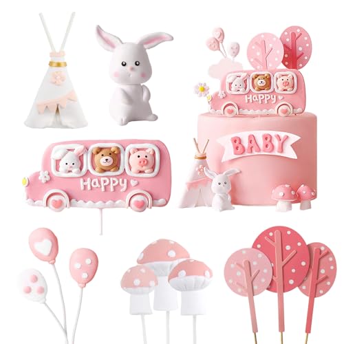 SJUNJIE 12 Stück Tortendeko Geburtstag Torten Deko Hase Rosa Tortendeko Mädchen Kuchendekorationsset mit Hase Pilz Tierbus und Ballon Kuchen Deko Geburtstag für Kinder Mädchen von SJUNJIE