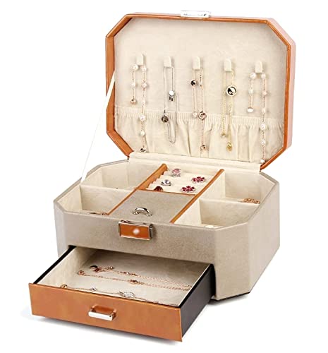 SJZWCHQ Schmuckkästchen, Schmuckschatulle, 2-stöckig, Schmuckschatulle mit Schloss, Pu-Leder, Schmuck-Organizer, Parfüm-Lippenstift-Aufbewahrungsbox für Frauen, Schmuckschatulle, Schmuck-Organizer von SJZWCHQ