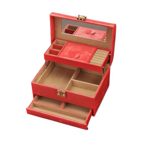 SJZWCHQ Schmuckschatulle, Schmuckaufbewahrungsbox, Ohrringe und Ohrstecker, große Kapazität, Spiegel, Schmuckaufbewahrungsbox mit Schloss, Schmuckschatulle (rot) von SJZWCHQ