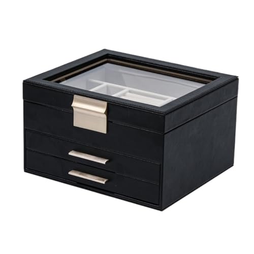 Tragbare Schmuckschatulle, dreilagige Schmuckaufbewahrungsbox für Halsketten, Ohrringe, Ohrringe, exquisite Schmuckschatulle, goldene Schublade, Schmuckschatulle für Damen und Mädchen (schwarz) von SJZWCHQ