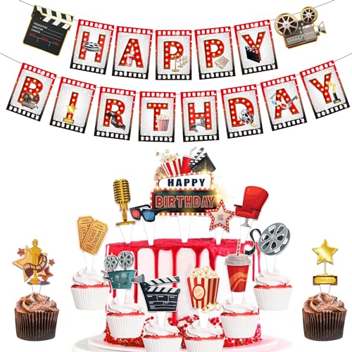 Happy Birthday Wimpelkette Geburtstag Party Banner Film Buff Geburtstag Party Dekorationen Supplies Geburtstag Party Hängende Wimpelkette Cupcake Topper für Zuhause Kaminsims Kamin Wand Fenster von SKIRUP