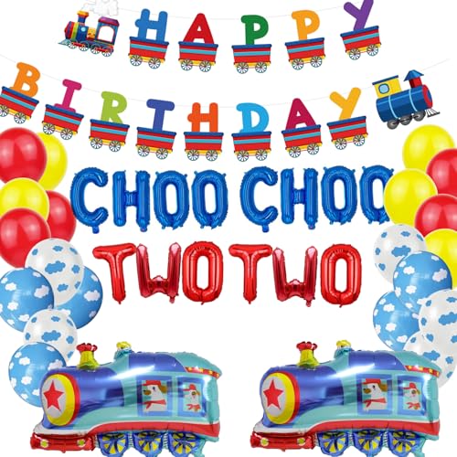 SKIRUP Choo Choo Zwei Party Dekorationen für 2 Jahre Alte Jungen, Zug Ballon Thema Geburtstag Party Supplies, Happy Birthday Zug Banner, Wolke Latex Luftballons, Zug Folienballons von SKIRUP