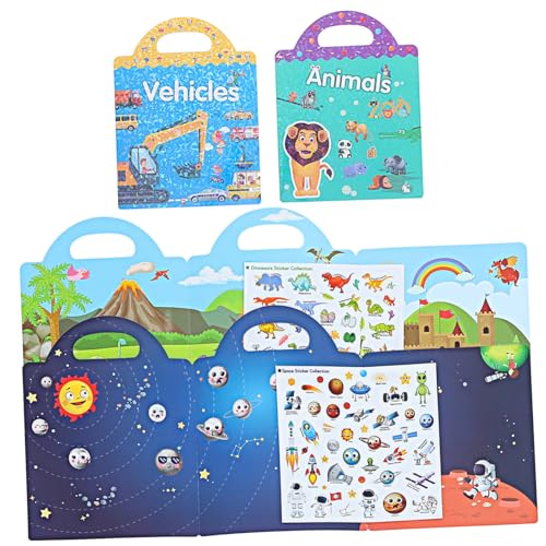 SKISUNO Kinderaufkleber Bildungsabziehbilder Kids Reusable Sticker Book Preschool Learning Activities Kid Vorschulaufkleberbuch Quiet Busy Book Funny Space Animals Vehicle Dinosaur von SKISUNO