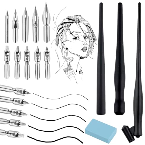 SKIWAX Federhalter und Halter Set, 14 Stk Federhalter und Halter Set Manga Cartoon Comic Dip Pen mit Stifthaltern, 2 Federhalter 5 Federn 1 Radiergummi für Karikaturisten Künstler Designer von SKIWAX