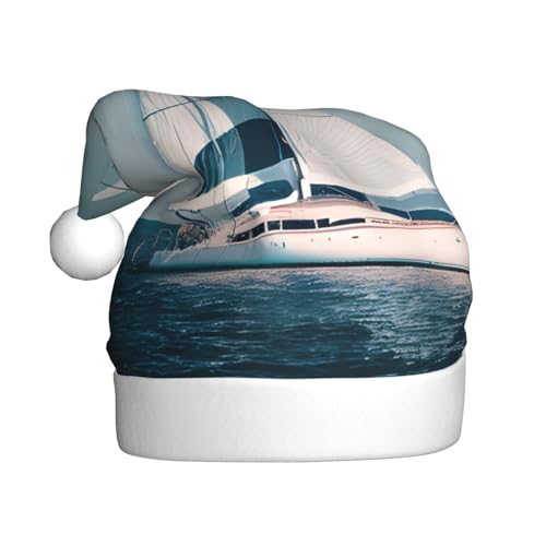 Weihnachtsmütze mit Segelbootschiff-Landschaftsdruck für Erwachsene, Weihnachtsmannmütze, Weihnachtsmannmütze, Weihnachtsfeier, Zubehör, Weihnachten, Outdoor-Party von SKKNT