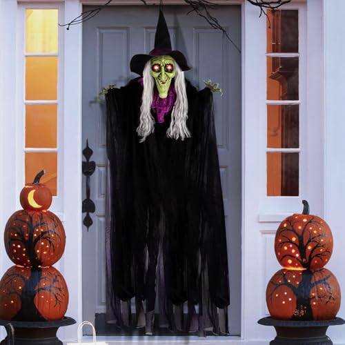 150cm Halloween Animatronic Halloween Deko Outdoor Animiert Hexe mit Aktiviertem Ton und Bewegung, leuchtenden Augen, Halloween-Dekor für Spukhäuser, Halloween Deko Outdoor von SKOOLOVE