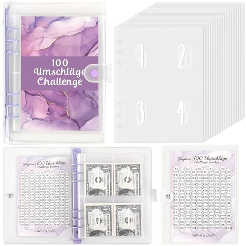 SKYDUE 100 Envelope Saving Challenge Deutsch, A5 Budgetplaner Mit Challengers Tracker & Pre-numbered Taschen, Sparbuch Für Geld Challenge, Sparbuch Für Budget Binder,Ringbuch A5 Lila von SKYDUE