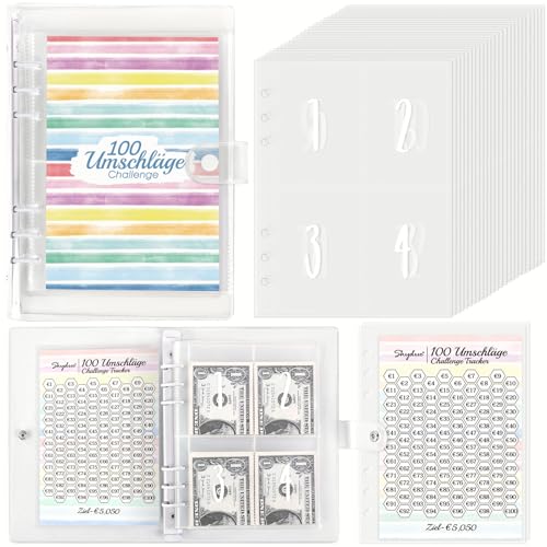 SKYDUE 100 Envelope Saving Challenge Deutsch, A5 Budgetplaner Mit Challengers Tracker & Pre-numbered Taschen, Sparbuch Für Geld Challenge, Sparbuch Für Budget Binder,Ringbuch A5 Regenbogen von SKYDUE