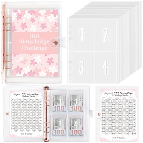 SKYDUE 100 Envelope Saving Challenge Deutsch, A5 Budgetplaner Mit Challengers Tracker & Pre-numbered Taschen, Sparbuch Für Geld Challenge, Sparbuch Für Budget Binder,Ringbuch A5 Rosa von SKYDUE