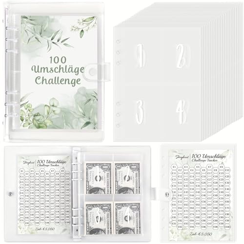 SKYDUE Ringbuch A5, 100 Envelope Saving Challenge Deutsch, A5 Budgetplaner Mit Challenge Tracker & Pre-numbered Taschen, Einfach Und Spielerisch Geld Sparen Challenge, Sparbuch Für Budget Binder Grün von SKYDUE