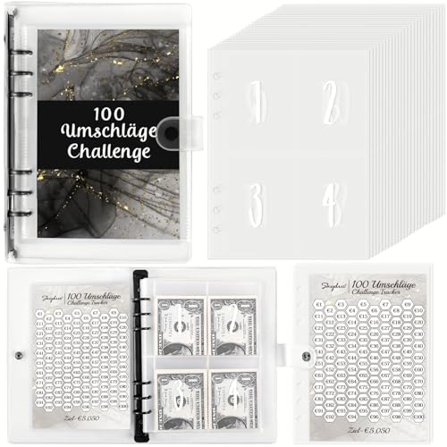 SKYDUE Ringbuch A5, 100 Envelope Saving Challenge Deutsch, A5 Budgetplaner Mit Challenge Tracker & Pre-numbered Taschen, Einfach Und Spielerisch Sparbuch Für Geld Challenge (Schwarz) von SKYDUE