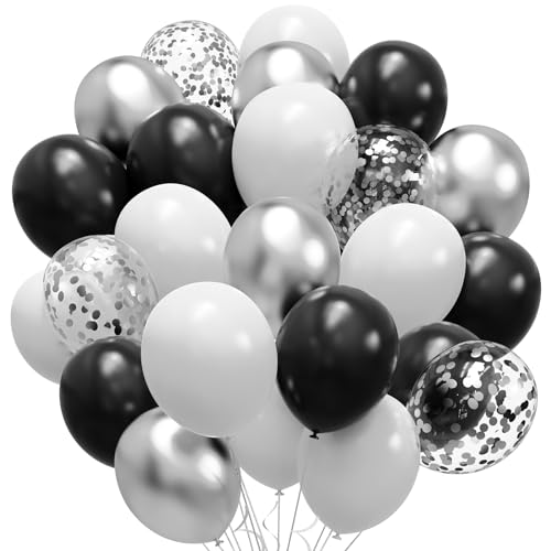 Luftballons Geburtstag Schwarz Weiß Silber SKYIOL 60 Stück Matte Schwarze Weiße Ballons Konfetti Metallic Latex Helium Luftballons für Hochzeit Baby Shower Abschluss Jugendweihe Party Deko von SKYIOL