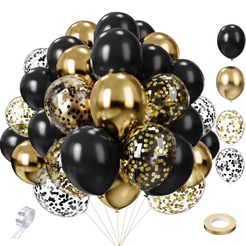 Luftballons Geburtstag Schwarz Gold 65 Stk 12 zoll 5 zoll SKYIOL Latex Ballons Goldene Konfetti Luftballons Metallic Ballons mit Girlande Streifen für Hochzeit Abschluss EID Silvester Neujahr Deko von SKYIOL