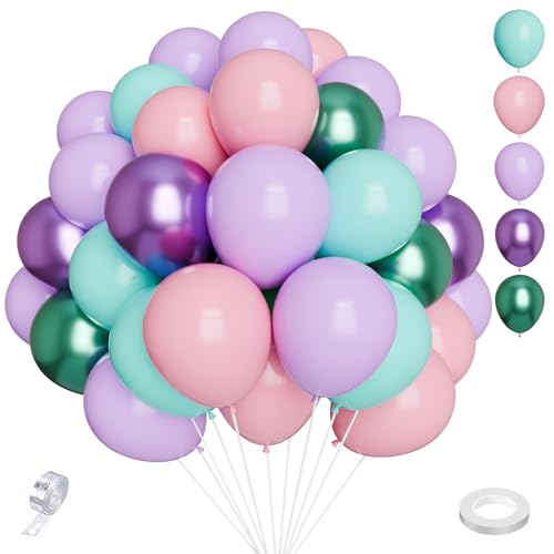 Luftballons Rosa Lila Türkis Grün 65 Stück 12 zoll 5 zoll SKYIOL Latex Ballons Meerjungfrau Macaron-Farben Metallic Ballons mit Streifen für Geburtstag Hochzeit Baby Shower Taufe Ostern Deko von SKYIOL