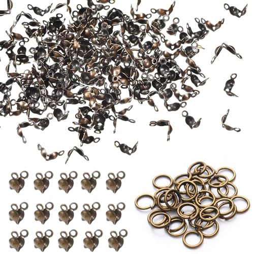 200 Stück offene Metallperlen-Spitzen, 200 Stück offene Binderinge, Knotenabdeckungen, Klappschnallen zum Aufhängen, für Schmuckherstellung, DIY, Armband, Halsketten, Schlüsselanhänger – Bronze von SKYPRO