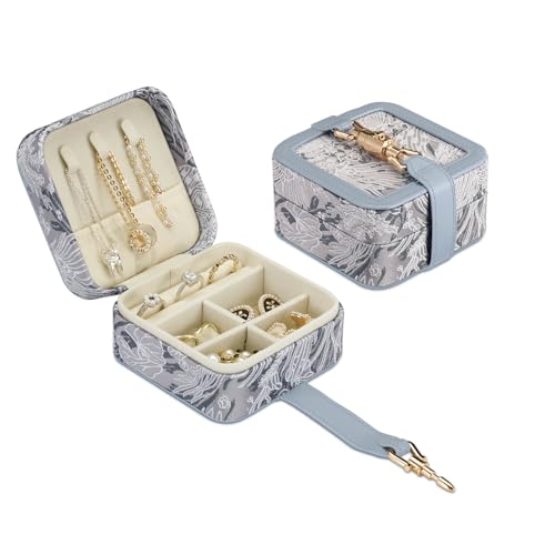 SKYREH Reise-Schmuckschatulle, klein, tragbar, Jacquard-Stoff-Organizer mit Metallschnalle, Reiseutensilien, Geschenk für Mädchen, Frauen (Graublau) von SKYREH