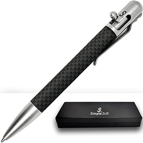 SimpleLimit Bolt Action Pen Kohlefaser (Edelstahl) Moderner Luxus Kugelschreiber - Büro Business Schreiben Schwarz Stift für Männer & Frauen - Einfache Büro Metallstifte von SL Simple Limit