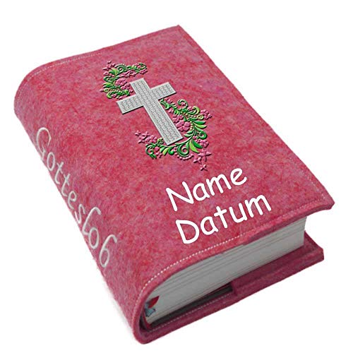 Gotteslob Gotteslobhülle Hülle Kreuz silber Ranke grün pink Filz Namen bestickt Einband Umschlag personalisierte Gesangbuchhülle, Farbe:pink meliert von SL-Store GbR