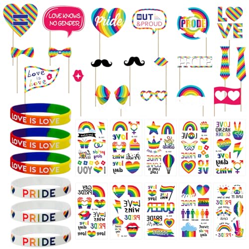 20 Stück Regenbogen-Partydekorationen, 6 Stück Regenbogen-Armbänder, 10 Stück Regenbogen-Gesichtsaufkleber, Regenbogen-Foto-Requisiten-Set, Bekleidungszubehör von SLAXJNE