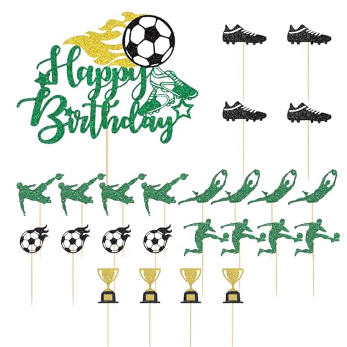 25 Stück Fußball-Kucheneinsätze, Tortenaufsätze, Sport-Themen-Kuchendekorationen, Fußball-Happy-Birthday-Einsätze, Dessert-Tischeinsätze, Cupcake-Dekorationen von SLAXJNE