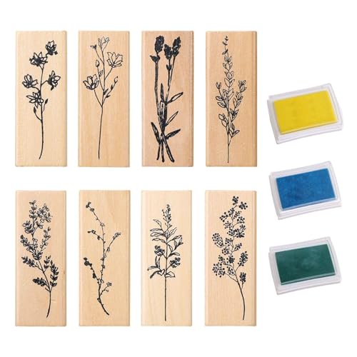 8 Stück Blumen- Und Pflanzenstempel Aus Holz, 3 Stück Farbstempelkissen, Tonstempel, Gummistempel, Stempelset, Stempelblumen von SLAXJNE