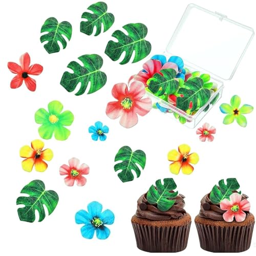 83 Stück Kuchenpapier-Aufkleber, Palmenblätter, Blumen-Oblatenpapier, Dekorative Schildkrötenblätter, 3D-Blumen-Kuchenpapier-Aufkleber, Hawaii-Dschungel-Themen-Kuchendekoration von SLAXJNE