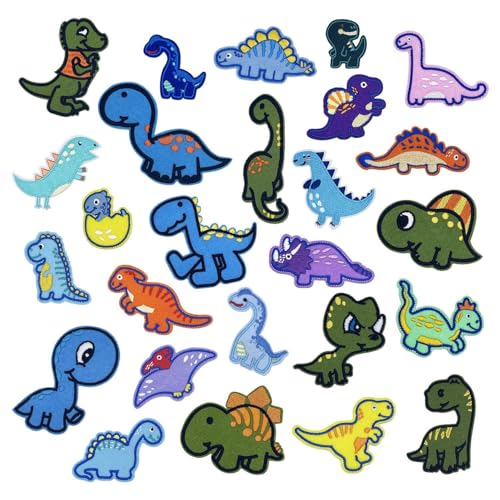 SLAXJNE 27 Stück Dinosaurier-Stickflicken, Cartoon-Muster-Patches, Mode-Patches, DIY-Kleidungszubehör, Kinderkleidungs-Patches von SLAXJNE