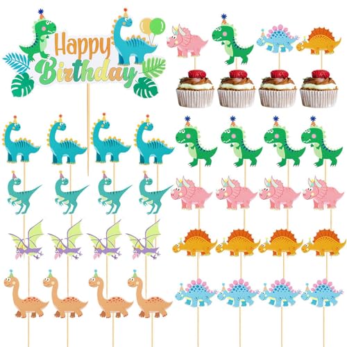 32 Stück Dinosaurier-Kucheneinsätze Und 1 Großer Dinosaurier-Happy-Birthday-Einsatz, Niedliche Cartoon-Kucheneinsätze, Kuchendekorationen von SLEEKEE