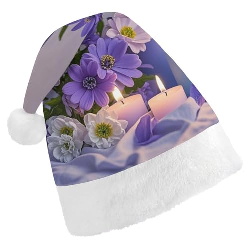 Weihnachtsmütze für Erwachsene, bequeme Weihnachtsmütze, Weihnachtsmütze, violette Blumen und Kerzen, bedruckte Weihnachtsmützen für Unisex von SLKMHFT