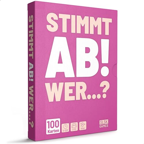 SLSK Games Stimmt Ab! Wer...? - Heiz` die Gerüchteküche an! - Partyspiel mit 100 Spielkarten - Kartenspiel - Partyspiele für Erwachsene - für Jede Feier (WG Party, JGA, Silvester) - deutsche Version von SLSK Games