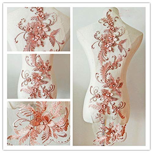 Stickerei-Applikation, 3D-Stickerei-Aufnäher, zarte Kristall-3D-Blumen-Spitzen-Applikation, Stickerei-Spitzenmotiv mit Perlendetails, Nähaufnäher for Abendkleid-Tanzkostüme (rot)(Dusky Pink) von SLSKO