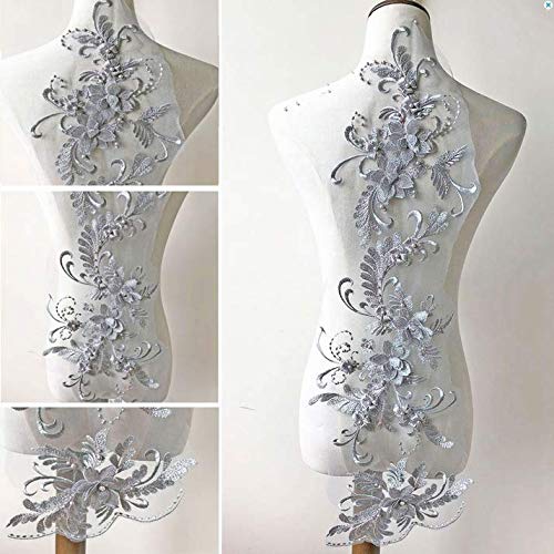 Stickerei-Applikation, 3D-Stickerei-Aufnäher, zarte Kristall-3D-Blumen-Spitzen-Applikation, Stickerei-Spitzenmotiv mit Perlendetails, Nähaufnäher for Abendkleid-Tanzkostüme (rot)(Grey) von SLSKO