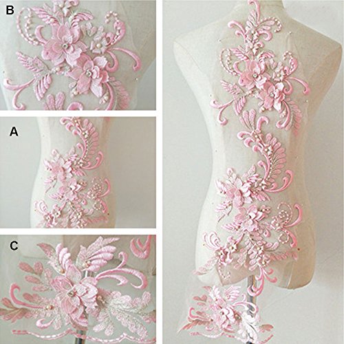 Stickerei-Applikation, 3D-Stickerei-Aufnäher, zarte Kristall-3D-Blumen-Spitzen-Applikation, Stickerei-Spitzenmotiv mit Perlendetails, Nähaufnäher for Abendkleid-Tanzkostüme (rot)(Pink) von SLSKO