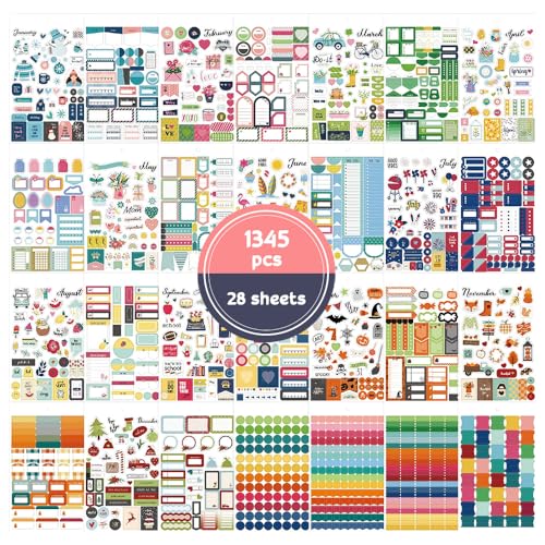 SLTAXAR 1345 Stück Bullet Journal Sticker Book 28 Blätter Bullet Journal Kalender Aufkleber Sticker Kalender Gestalten Monat Planer Sticker Haushalt Aufkleber für Bullet Journal Kalender DIY Tagebuch von SLTAXAR