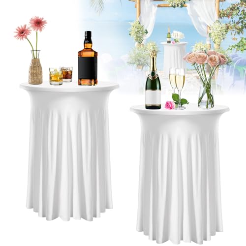 SLTAXAR 2er Set 110x80cm Stretch Stehtischhusse Weiß Tischdecke Bistrotisch Bartisch Hussen Tischhusse Cocktail Rund Stretch Stehtisch Tischdecke Stehtisch Tischrock Abdeckung mit Rock Party Hochzeit von SLTAXAR