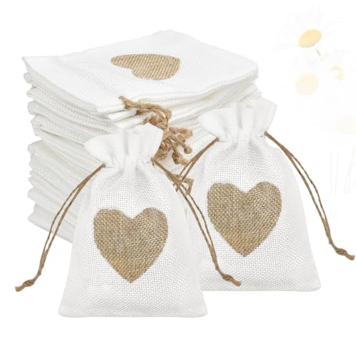 SLTAXAR 30 Stück jutesäckchen Herz Kleine Säckchen 10x14cm Jute Geschenktüten mit Herz Geschenkanhänger kleine säckchen zum Befüllen Jutebeutel Leinensäckchen für Hochzeit Party Geschenke Süßigkeiten von SLTAXAR